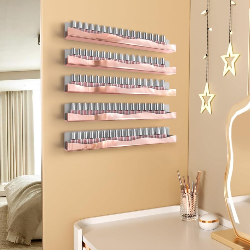 YMVV Wall-Mounted Nail Polish Organizer Rack - 15-Inch Rose Gold Mirror Finish Nail Polish Shelf, Makeup & Beauty Essentials Storage - Multi-Purpose Display Holder for Small Space, Vanity Bathroom, 6 Pack - Image 2